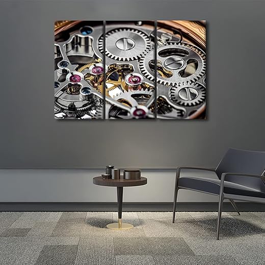 Clock Mechanism Pictures Mechanical Watch Close-up Art Paintings Multi Panel Printed on Canvas Artwork Modern Home Decoration Giclee Wooden Framed Gallery-Wrapped Ready to Hang- 42 Wx28 H