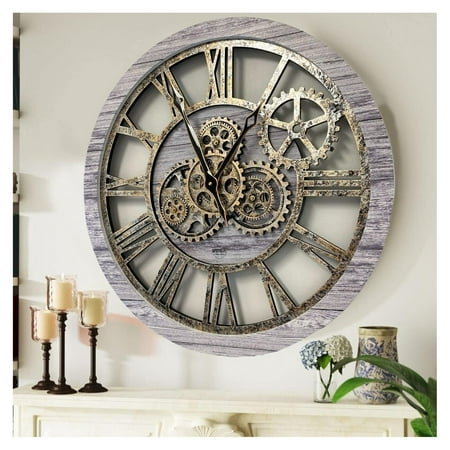 CodYinFI Real Moving Gear Wall Clock Vintage Industrial Oversized Rustic Farmhouse (24 inch (60cm),Silver Grey)