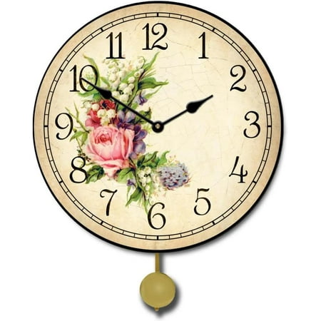 Country Floral Pendulum Wall Clock | Beautiful Color, Silent Mechanism, Made in USA