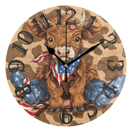 Cowboy American Flag Cow 10 inch Wall Clocks Non Ticking Easy to Read Battery Decorative for Home Bathroom Kitchen Bedroom Living Room