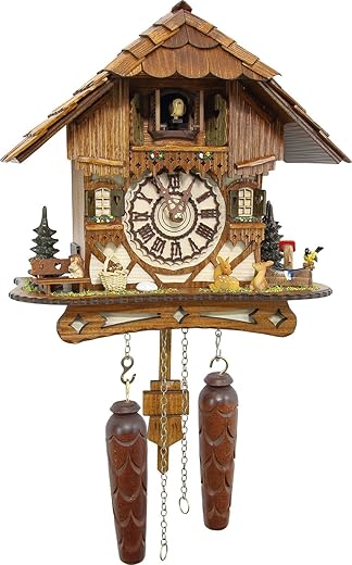 Cuckoo-Palace German Cuckoo Clock - Blackforest Hillside Chalet with Wonderful Animals with Quartz Movement - 10 1/4 inches Height