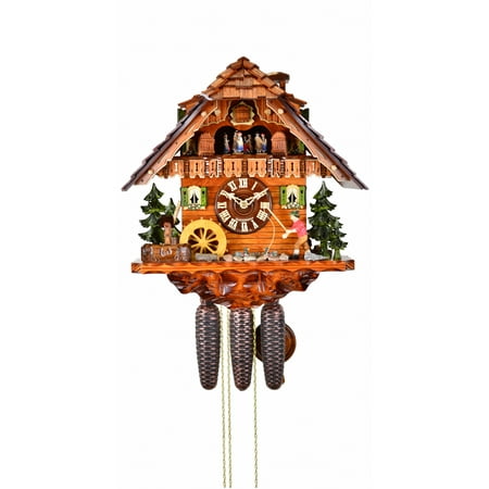 Cuckoo Clock Black Forest house with moving fisherman and moving mill wheel