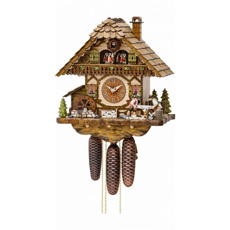 Cuckoo Clock Black Forest house with moving wood sawers and mill wheel