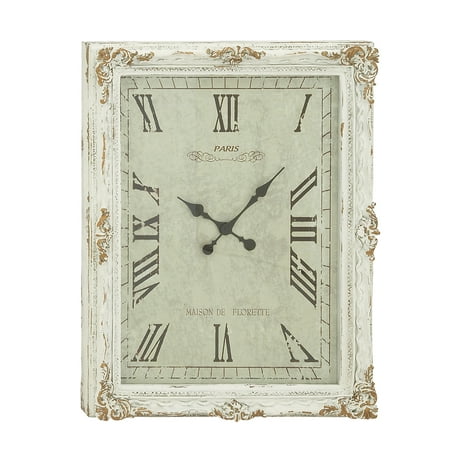 DecMode 27 x 36 White Wood Floral Carved Acanthus Wall Clock with Distressing