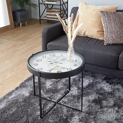 Deco 79 Metal Clock Accent Table with Map Background and Clear Glass Top, 24" x 24" x 22", Black