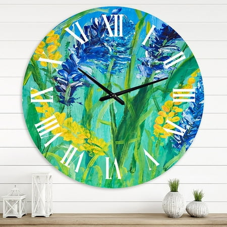 DESIGN ART Designart 'Blue and Yellow Wild Flowers and Grass Gouache' Traditional wall clock 36 In. Wide x 36 In. High