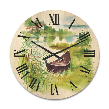 Designart 'Rural Green Landscape With Boat In Lake' Lake House Wood Wall Clock