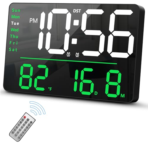 Digital Wall Clock, LED Clock with Remote Control, Digital Clock Large Display with Date Week Temperature for Living Room Decor, 12.6 Large Wall Clocks for Bedroom Office Gym Garage Shop (Green)