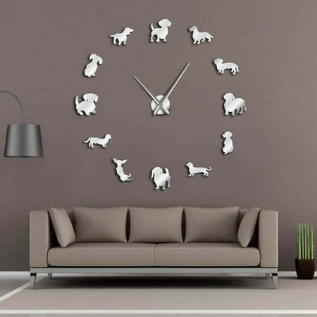 DIY Dachshund Wall Art Wiener Dog Puppy Frameless Giant Clock with Mirror Effect