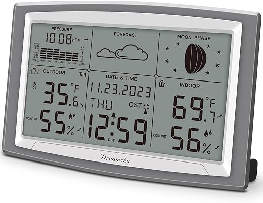 DreamSky Battery Powered Weather Station with Indoor Outdoor Thermometer Wireless for Home, 12.5 Inches Large Digital Atomic Clock with Indoor/Outdoor Temp, Humidity, Calendar Date