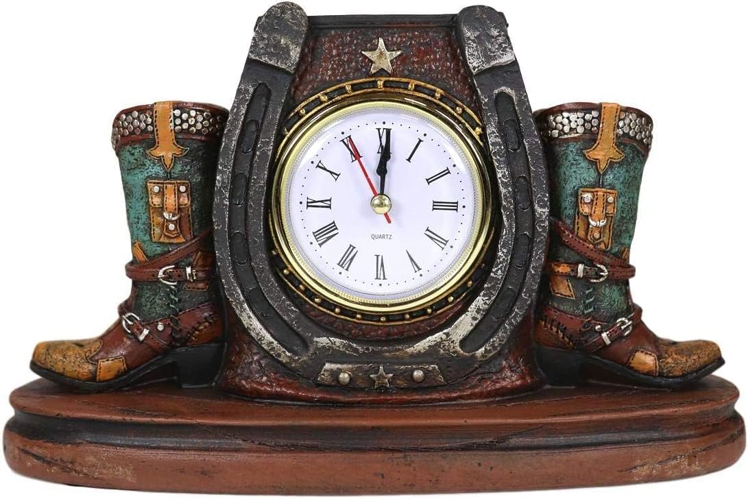 Ebros Gift Country Western Star Lucky Horseshoe Faux Tooled Leather Turquoise Cowboy Boots Designer Resin Analog Desktop Table Clock 9.25" Long Decorative Home and Office Rustic Accent