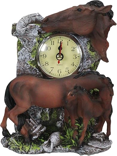 Ebros Gift Rustic Brown Chestnut Wild Stallion Horse Mare Stallion and Foal Family Desktop Table Clock Figurine Rustic Wildlife Western Country Cowboy Cowgirl Horses Decor Figurine