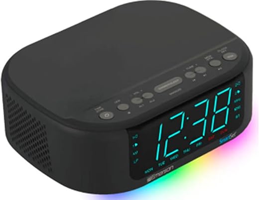 Emerson 6-Watt Smartset Stereo Sound Bluetooth Speaker AM/FM Radio with 7-Color Changing Lights, 1.2” Cyan Display and USB Type-C Charging, Black