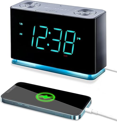 Emerson Smartset Alarm Clock Radio with Bluetooth Speaker with USB Port for iPhone/iPad/iPod/Android and Tablets, 1.4 Cyan LED Display and Night Light, ER100301