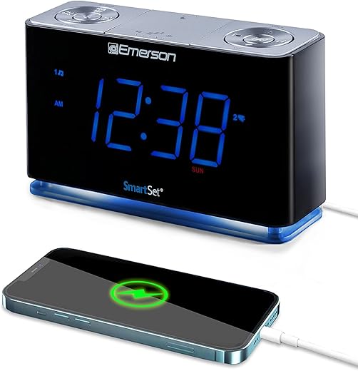 Emerson Smartset Radio Alarm Clock, 1.4 Blue LED Digital Display, USB Charging Port, Brightness Dimmer Controls, Bluetooth Connectivity, Set Alarm to Radio, Music, or Buzzer, Bedside Clock, Black