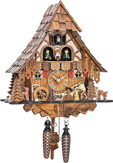 Engstler Quartz Cuckoo Clock Black Forest house with moving wood chopper and mill wheel, with music EN 4661 QMT