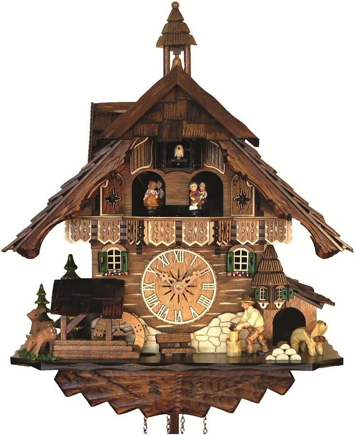 Engstler Quartz Cuckoo Clock Black Forest House with Moving Wood Chopper and Mill Wheel, with Music EN 483 QMT