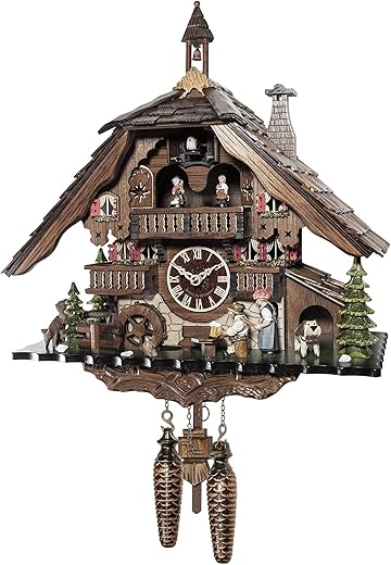 Engstler Quartz Cuckoo Clock Black Forest House with Music and Dancers, Turning Mill-Wheel, The beerdrinker and The Black Forest Girl Lift Their arm