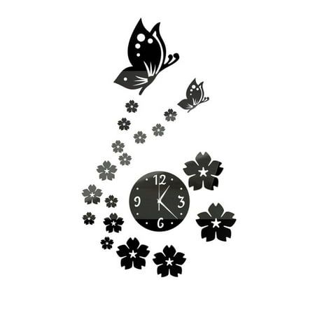 Farfi DIY Home Room Modern Decor 3D Butterfly Flower Wall Clock Mirror Surface Sticker (Black)