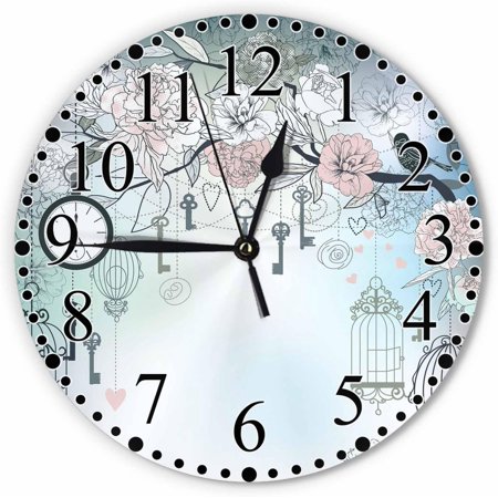 Floral Background Wall Clock 10 Inch Battery Operated Birds, Cages, Clock, Keys, Peonies Clock Silent Non-Ticking Modern Clocks Decorative For Home Kitchen Living Room Bathroom Office