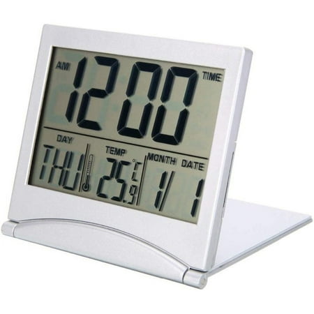 Folding Portable Desk Top Clock Silver Digital Lcd Temperature Alarm