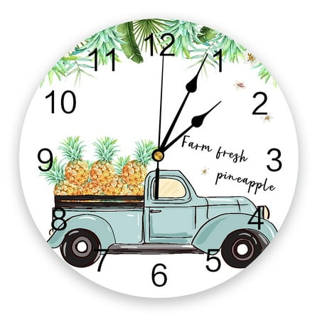 Fresh Flower Market Retro Truck Daisy Sunflower Print Round Wall Clock Operated Quartz Quiet Desk Clock for Home Office School