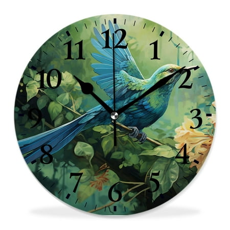 generic Silent Non-Ticking Decorative 12 inch Wall Clock,Beautiful Green Violet Ear Hummingbird Feeding Flower in Floral Painting,Round Wall Clocks Decor for Home Office Kitchen Living Room Bedroom