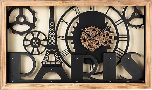 Glitzhome Industrial Metal Gear Wall Art Clock, Wood Eiffel Tower Silhouette Silent Vintage Decor for Living Room Hotel Office Home(without Glass), Black