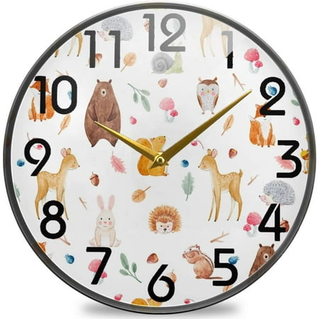 GZHJMY Cute Forests Animal Deer Squirrel Fox Bear Owl Hedgehog Round Wall Clock, 9.5 Inch Silent Battery Operated Quartz Analog Quiet Desk Clock for Home,Office,School,Library