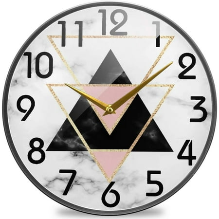 GZHJMY Geometric Marble with Gold and Black Triangles Round Wall Clock, 9.5 Inch Silent Battery Operated Quartz Analog Quiet Desk Clock for Home,Office,School