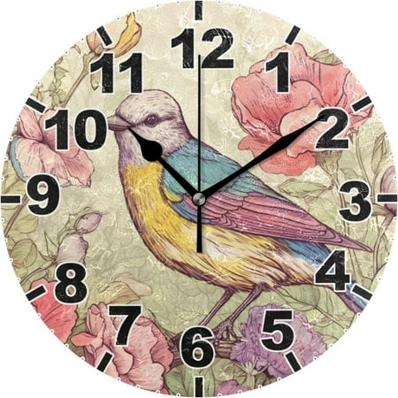 GZHJMY Vintage Bird Round Wall Clock, Battery Operated Silent Non Ticking Desk Clock for Home Bedroom Kitchen Office School Decor Wall Clock 9.9 Inch