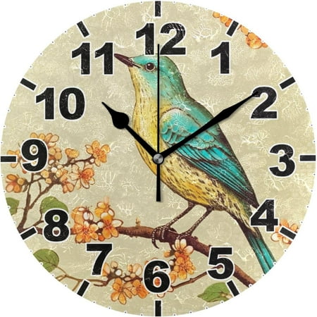 GZHJMY Vintage Bird Round Wall Clock, Battery Operated Silent Non Ticking Desk Clock for Home Bedroom Kitchen Office School Decor Wall Clock 9.9 Inch