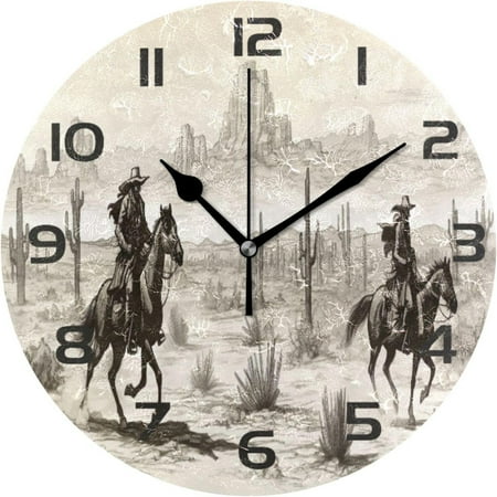 GZHJMY Wall Clock Western Desert Cowboy 10 Inch Silent Non Ticking Quality Quartz Battery Operated Digital Round Easy to Read for Home Office Kitchen Decorative