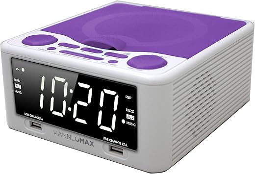 HANNLOMAX HX-300CD Top Loading CD Player, PLL FM Radio, Digital Clock, 1.2 White LED display, Dual Alarms, Dual USB Ports for 2.1A and 1A Charging, AC/DC adaptor Included (White_Purple)