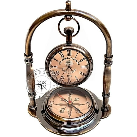 Hanzla Collection Maritime Compass Base Nautical Table Clock Ship's Clock Antique Brass Hanging Desk Clock Victoria London Pocket Watch Vintage Decorative Clock for Your Love one & Wedding Gift