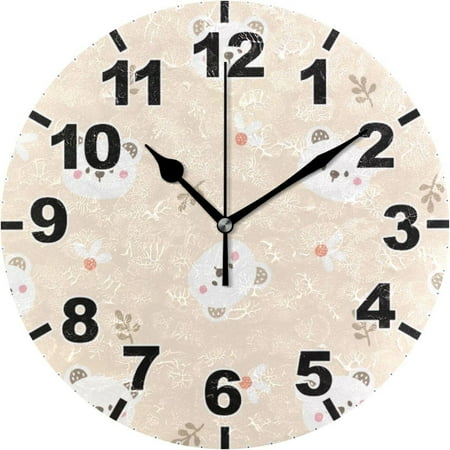 Hidove Cute White Bear Round Wall Clock, Battery Operated Silent Non Ticking Desk Clock for Home Bedroom Kitchen Office School Decor Wall Clock 9.9 Inch