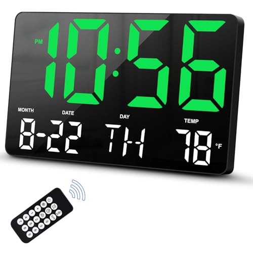 Hournor Digital Clock, Digital Wall Clock with Remote Control, LED Clock Large Display with Date Week Temperature for Living Room Decor, Large Wall Clocks for Bedroom Office Gym Shop Garage (Green)