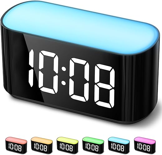 HOUSBAY Digital Alarm Clock for Bedrooms - Large Display Easy to Read Across The Room, 7 Larger Color Night Light, Dimmer, True Battery Backup, Adjustable Volume