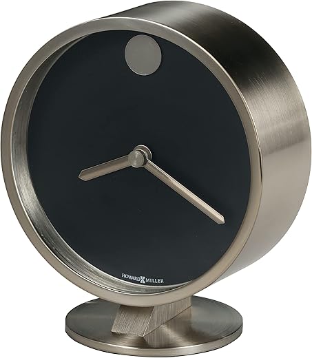 Howard Miller Aurora Table Clock 645-821– Spun Nickel Finish, Brushed Nickel Base Plate, Matte Black Dial, Nickel Hands, Modern Home Décor, Quartz Movement