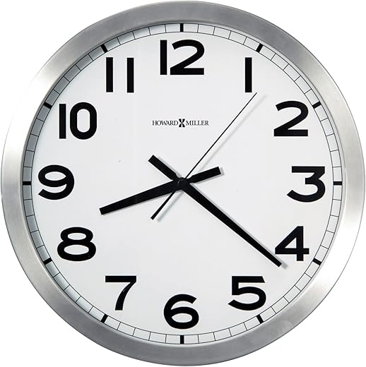 Howard Miller Spokane Wall Clock 625-450 ? Modern Round Brushed Aluminum, Flat Glass Crystal, Sturdy Metal Frame, Classic Black Accents, Quartz Movement