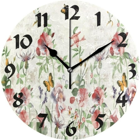 Hyjoy 10in Flower Butterfly Round Wall Clock,Silent Non Ticking Battery Operated Accurate Home Clock,Vintage Farmhouse Wall Decor for The Kitchen, Living Room, Bedroom, Office