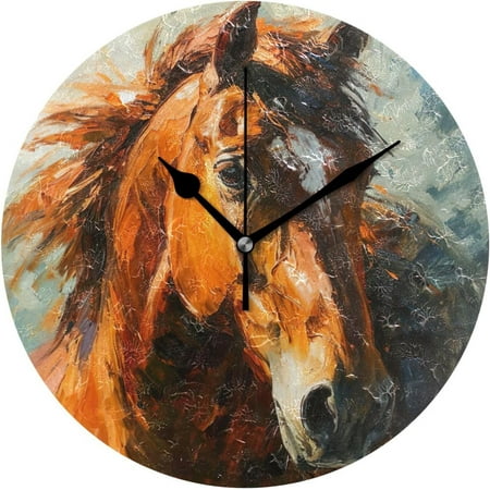 Hyjoy Oil on Canvas Horse Wall Clock, Round Silent Wall Clock, 9.84 inches, Home Decor, for Living Room, Kitchen, Bedroom