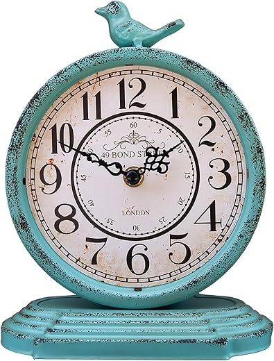 HZDHCLH Vintage Table Clock with Bird,Retro Mantel Clock Battery Operated,Metal Clock for Living Room Shelf Desk Table Fireplace Decor (Green)