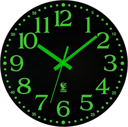 JoFomp Atomic Wall Clock Glow in Dark, 12 Inch Silent Wooden Wall Clocks Battery Operated, Atomic Clock Wall Radio Controlled Sets Automatically, Glow in The Dark Wall Clocks for Living Room Decor