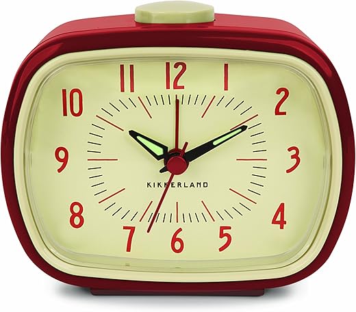 Kikkerland Battery Operated Retro Vintage Style Desktop Nightstand Bedside Office Classic Simple Alarm Clock, Beeping Alarm, Glow in Dark Hands, in Red