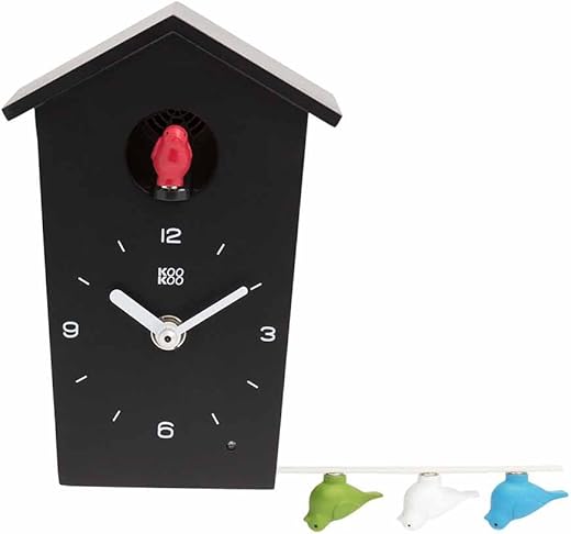 KOOKOO BirdHouse mini black, tiny modern cuckoo clock with 12 natural bird songs or cuckoo call