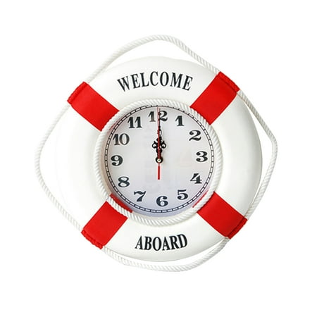 Kuyiluo round wall clock Mediterranean Home Accessories Hanging Lifebuoy Wall Clock Not Included Battery(Red 35cm)