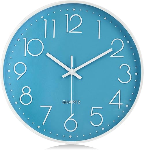 Lafocuse 12 Inch 3D Numbers Blue Wall Clock for Living Room Decor, Modern Kitchen Wall Clock Battery Operated Silent Non-Ticking Bedroom Home Office