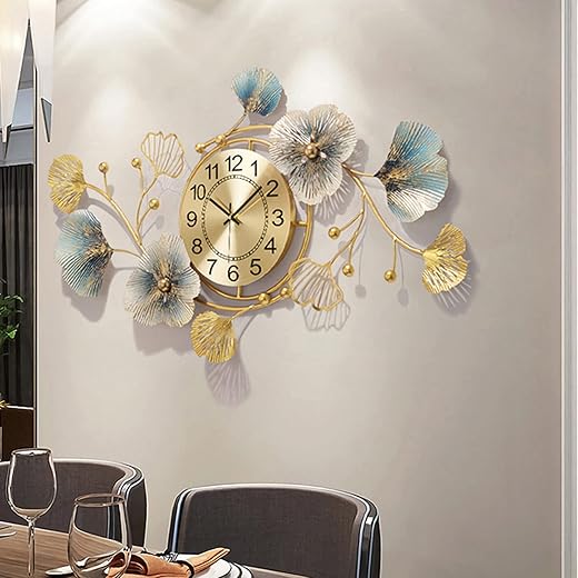 Large Decorative Wall Clock, Light Luxury Atmosphere Ginkgo Leaf Quartz Clock with Silent Movement, Wall Decor for Living Room Bedroom Office Space,83x48x4cm