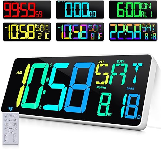 Large Digital Wall Clock Timer 13.5" Large Display Available In 11 Color Modes LED Wall Clock with Temperature Day of the Week Clock Auto-Dimming for Home Gym Office 2 Groups Alarm 25 Music Ringtones